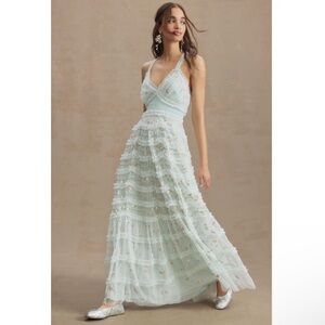 Mac Duggal Ruffle Cross-Back Smock-Waist Floral Embroidered Gown Anthro